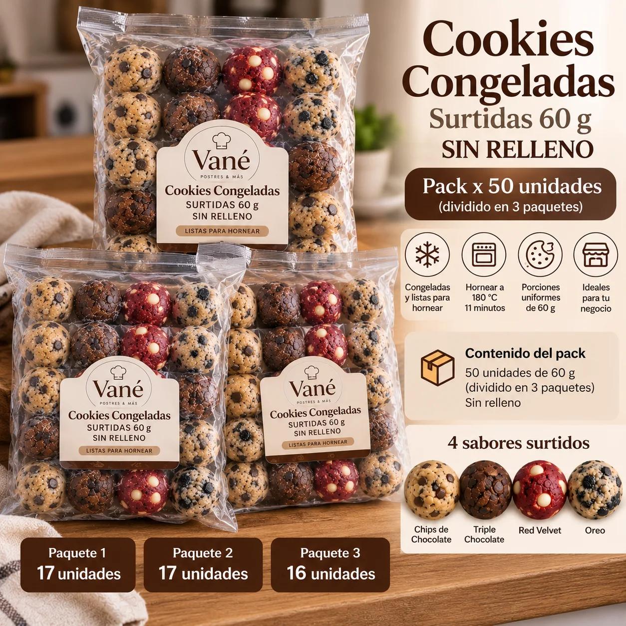 Cookies Congeladas Surtidas 60 g SIN RELLENO | Pack Mayorista x50